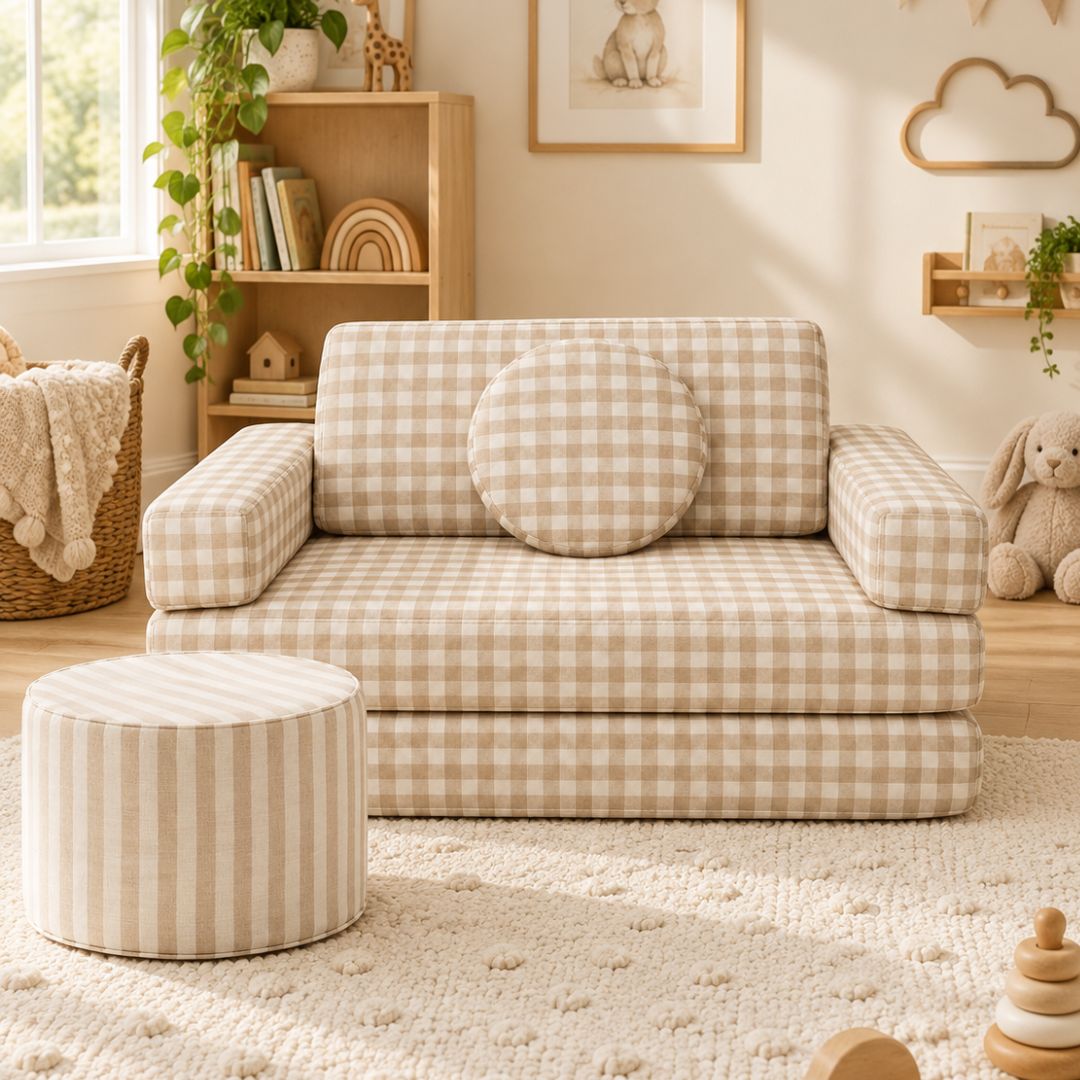 Toddler Modular Couch - Single Sofa - Beige Gingham